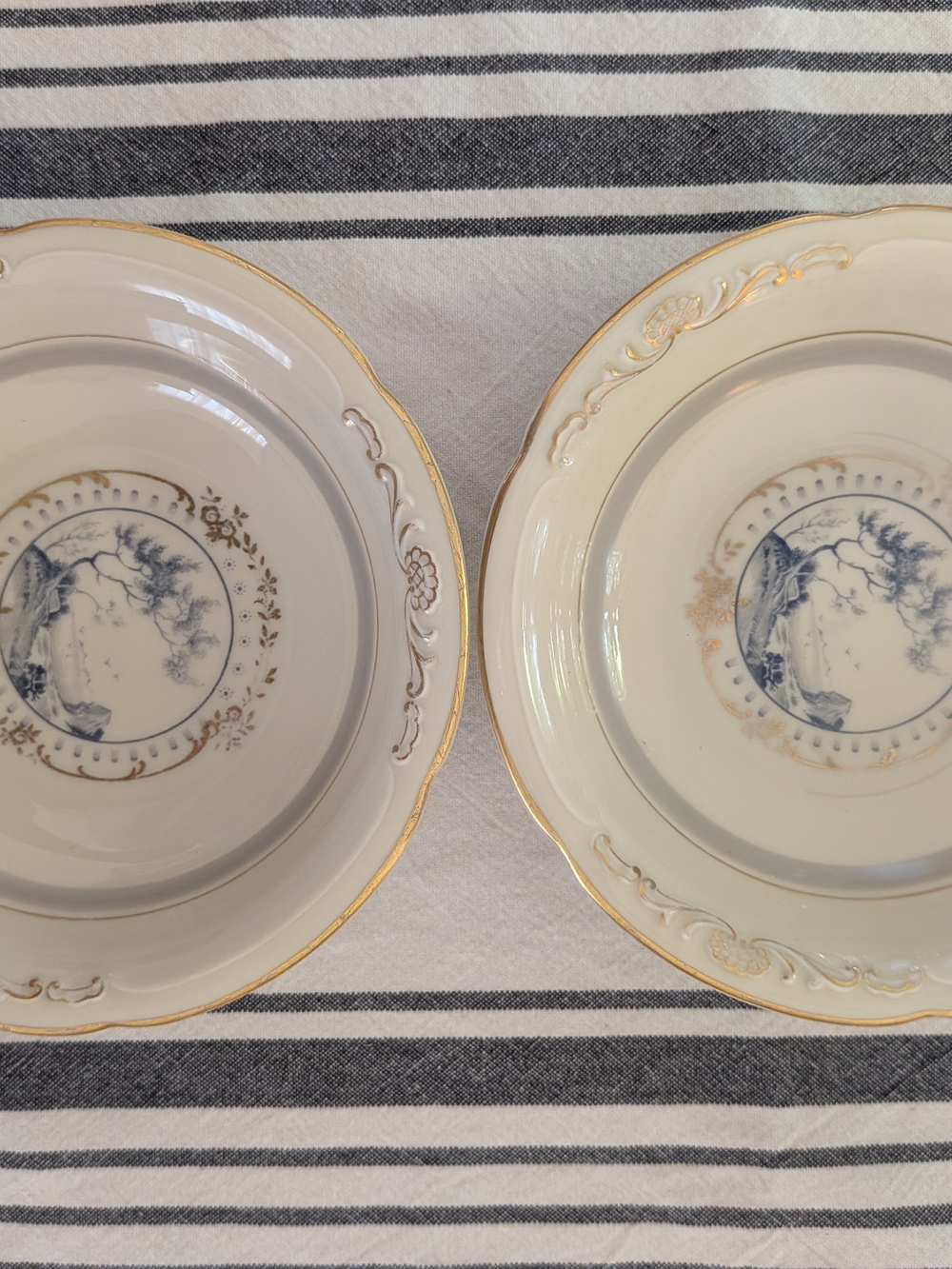 Royal Bayreuth Bavaria Vintage Blue Landscape Gold Trim Scalloped Bowls Set of 2